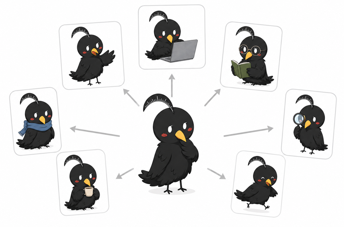 A character adapted into a variety of poses and scenes